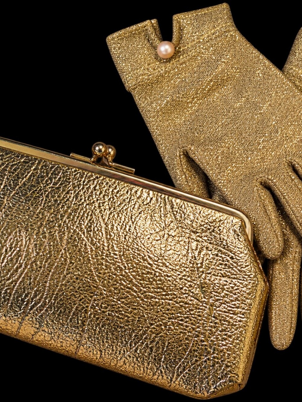 Gold Lamé Evening Clutch & Matching Gloves Set Original 1950s